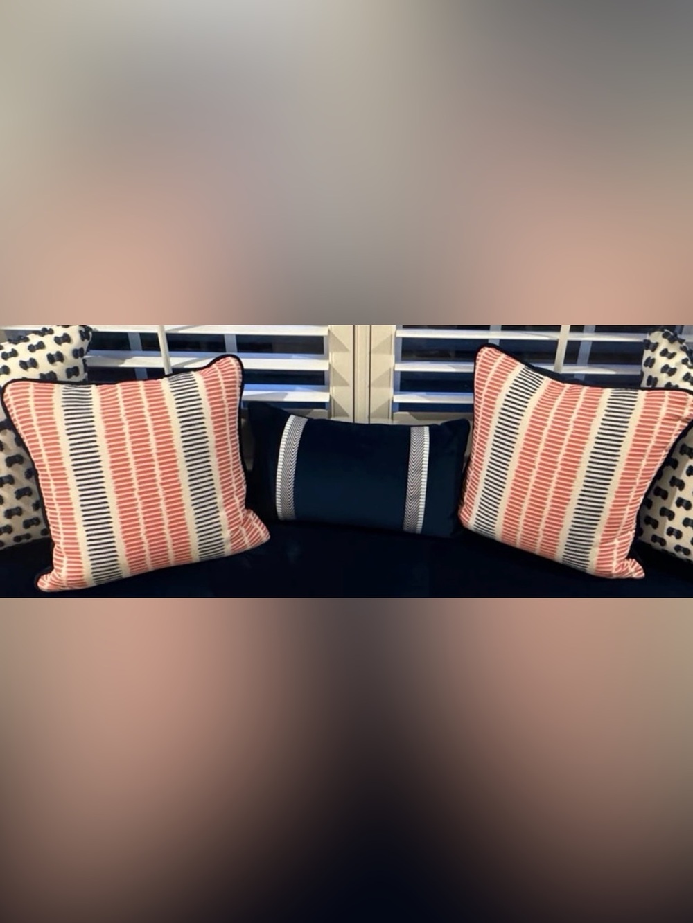 Set of 3 Thibaut Striped Throw Pillows & Navy Velvet Pillow with Trim